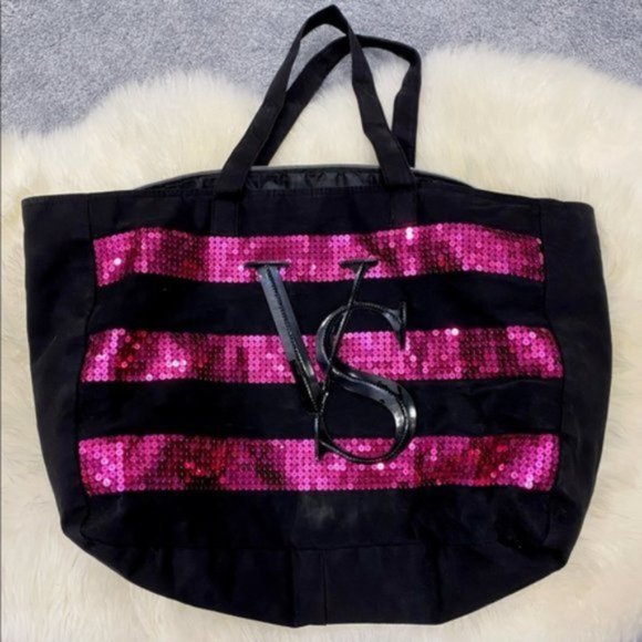 Victoria's Secret Handbags - Victoria's Secret Logo Pink Sequin Bling Black XL Tote Bag Weekender Travel